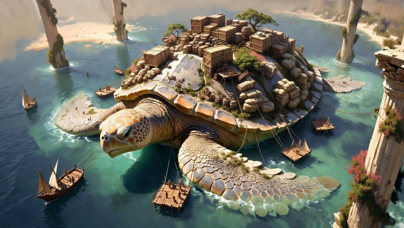 Aspidochelone — island-sized sea turtle, a T3 transport carrier in the Greek water army